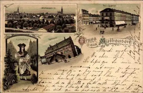 Litho Mulhouse Mülhausen Elsass Haut Rhin, Neu-Quartier, Tracht, Rathaus, Panorama