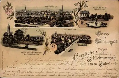 Litho Mulhouse Mülhausen Elsass Haut Rhin, Salvatorplatz, Genovefakirche, Arbeiterviertel, Panorama