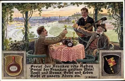 Gedicht Ak P. Müller, Preist der Franken edle Reben, Männer trinken Wein