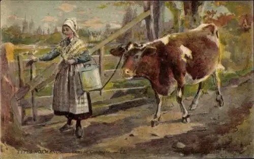 Ak Dans la Campagne, Femme en costume normand, vache