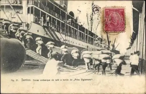 Ak Santos Brasilien, Kaffeeanlegestellen an Bord der Prinz Sigismund
