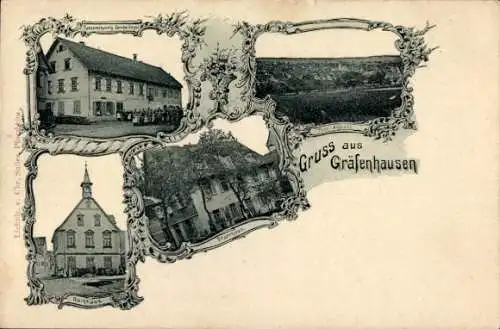 Passepartout Ak Gräfenhausen Birkenfeld in Württemberg, Totale, Pfarrhaus, Rathaus, Gasthof