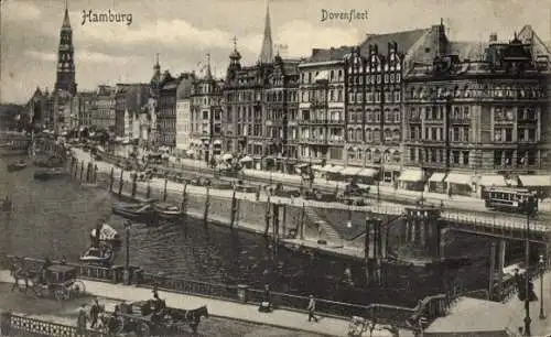Ak Hamburg Mitte Altstadt, Dovenfleet, Hafenpromenade,  Gebäude, Kähne, Straßenbahn