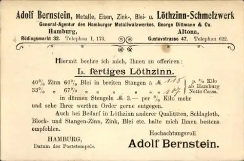 Ak Hamburg Altona, Löthzinn Schmelzwerk von Adolf Bernstein