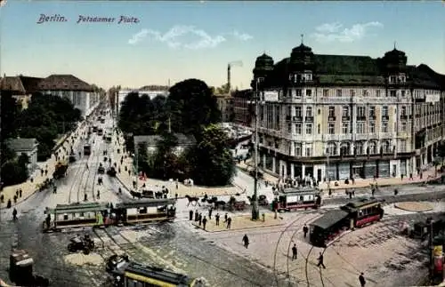 Ak Berlin Mitte, Potsdamer Platz,  Architektur, Straßenbahn, Menschenmenge, umgebende Bäume