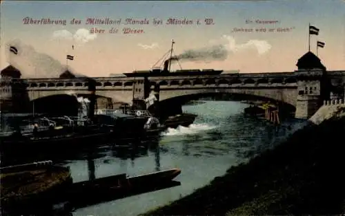 Ak Minden in Westfalen, Brücke über den Mittelland-Kanal, Wasserstraße, Schiffe, Teil eines Fluss