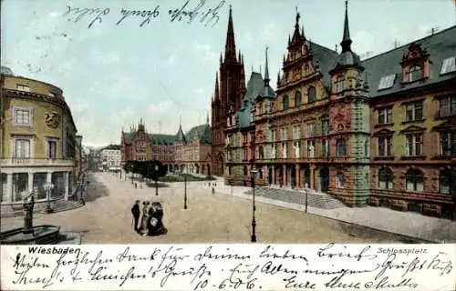 Ak Wiesbaden in Hessen, Schlossplatz,  Gebäude, Personen im Vordergrund, farbige Illustration
