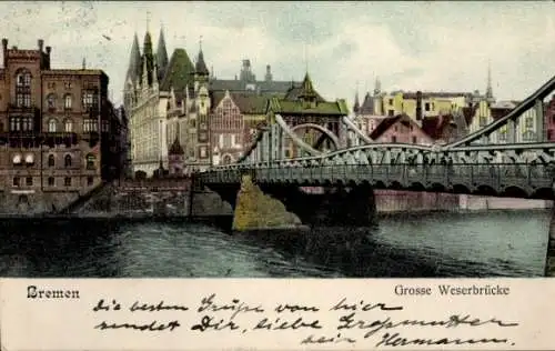 Ak Schnoor Bremen, Grosse Weserbrücke,  Architektur, Wasseransicht