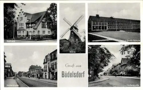 Ak Büdelsdorf in Schleswig Holstein, Rathaus, Mühle, Klaus-Groth-Schule, Hollerstraße, Gruß aus B