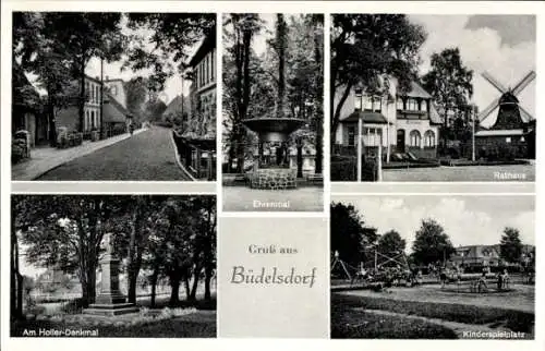Ak Büdelsdorf in Schleswig Holstein, Am Holler-Denkmal, Ehrenmal, Rathaus, Kinderspielplatz, Gruß