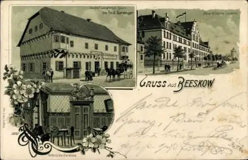 Mondschein Litho Beeskow in Brandenburg, Gasthof zum grünen Baum, Neue Artillerie Kaserne, Bierstube