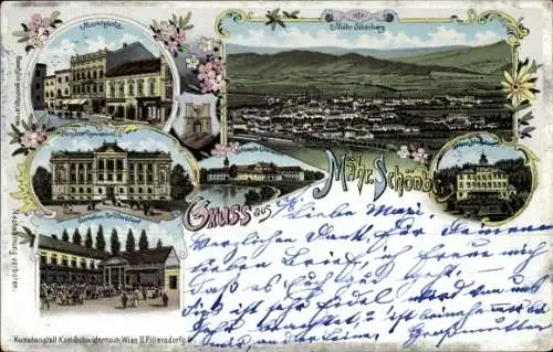 Litho Šumperk Mährisch Schönberg Region Olmütz, Gesamtansicht, Marktplatz, Kurhaus