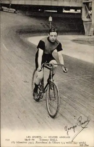 Ak Radrennfahrer Tommy Hall, englischer Steher, Radrennbahn
