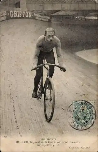 Ak Radrennfahrer Muller, Sieger 1000-Kilometer-Rennen, Fahrrad J. C., Radrennbahn