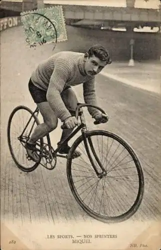 Ak Radrennfahrer Miquel, französischer Sprinter, Radrennbahn