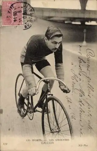 Ak Radrennfahrer Gallois, französischer Sprinter, Radrennbahn