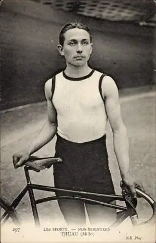 Ak Radrennfahrer Thuau, Millo, französischer Sprinter, Radrennbahn