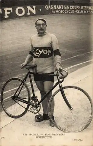 Ak Radrennfahrer Bourotte, französischer Sprinter, Radrennbahn, Halcyon