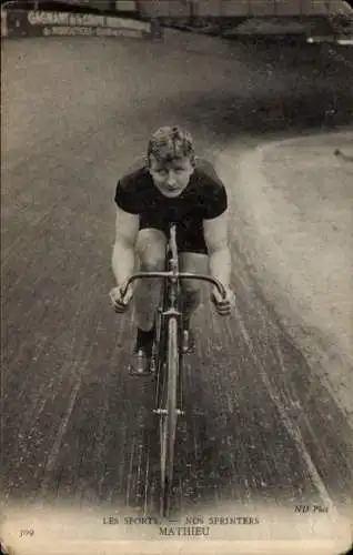 Ak Radrennfahrer Mathieu, französischer Sprinter, Radrennbahn