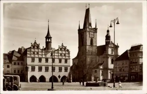 Ak Litoměřice Leitmeritz Region Aussig, Stadtplatz, Rathaus, Stadtkirche, Lichtbild von Theo Exle