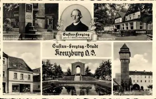 Ak Kluczbork Kreuzburg Oberschlesien, Gustav Freytag, Brunnen am Ring, Schützenhaus, Heidendenkma