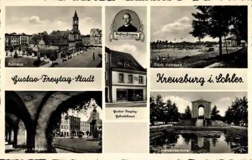Ak Kluczbork Kreuzburg Oberschlesien, Rathaus, Gustav Freytag-Stadt, Volksbad, Heldendenkmal, Ark