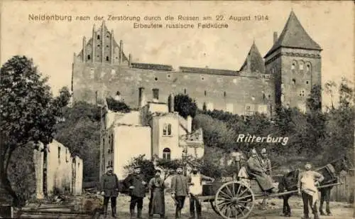 Ak Nidzica Neidenburg Ostpreußen, Zerstörung durch Russen, Erbeutete russische Feldküche, Ritterb