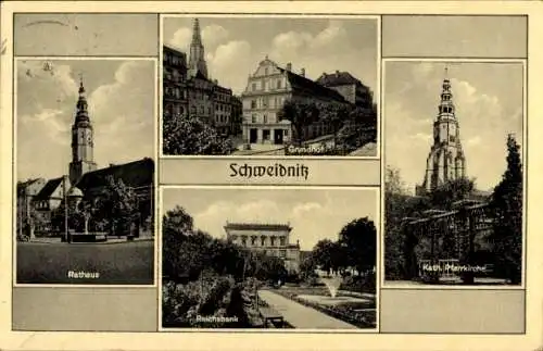 Ak Świdnica Schweidnitz Schlesien, Rathaus, Grundhof, Reichsbank, Kath. Pfarrkirche, 