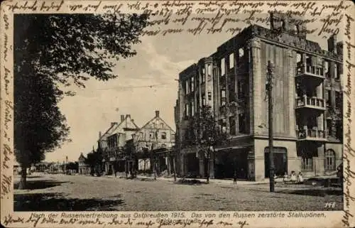 Ak Nesterow Stallupönen Ostpreußen, Nach der Russenvertreibung 1915, zerstörte Gebäude, Straße, B