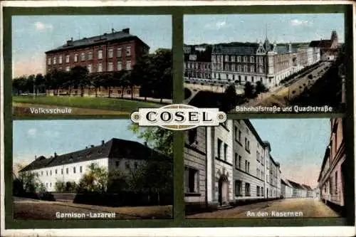 Ak Koźle Cosel Oberschlesien, Volksschule, Bahnhofstraße, Quadtstraße, Garnison Lazaratt
