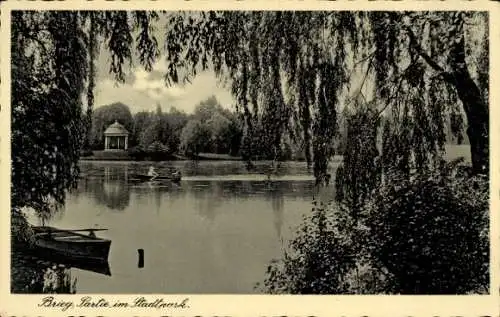Ak Brzeg Brieg Schlesien, Stadtpark, See, Pavillon, Boote, Bäume