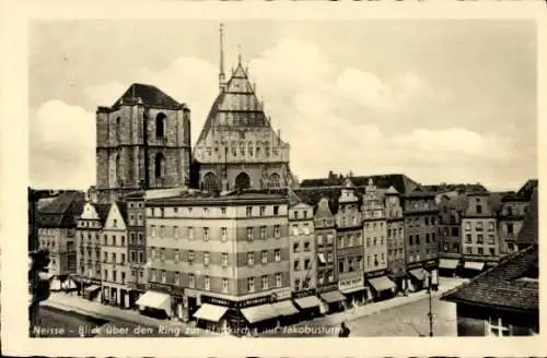 Ak Nysa Neisse Neiße Schlesien, Blick über den Ring, Plarkirche, Jakobusturm, Stadtansicht