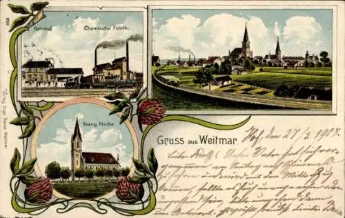 Litho Weitmar Bochum im Ruhrgebiet, Bahnhof, Chemische Fabrik, Ev. Kirche