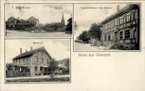 Ak Ohlendorf am Harz Salzgitter in Niedersachsen, Villa Richers, Kirche, Molkerei, Geschäftshaus