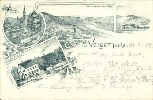Litho Wengern Wetter an der Ruhr, Restaurant Steffen, Ruhrtal vom Grasberg aus, Haltestelle