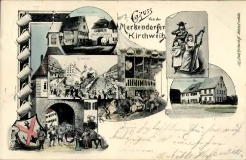 Ak Merkendorf in Mittelfranken, Kirchweih, Karusell, Marktplatz, Gasthaus zum Roten Ross, Musikanten