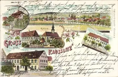 Litho Rausslitz Raußlitz Nossen in Sachsen, Kirche, Schule, Gasthof, Gesamtansicht