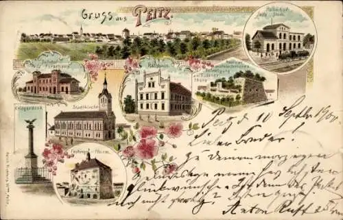 Litho Peitz Niederlausitz, Bahnhof Forsthaus, Bhf. Stadt, Rathaus, Stadtkirche, Kriegerdenkmal