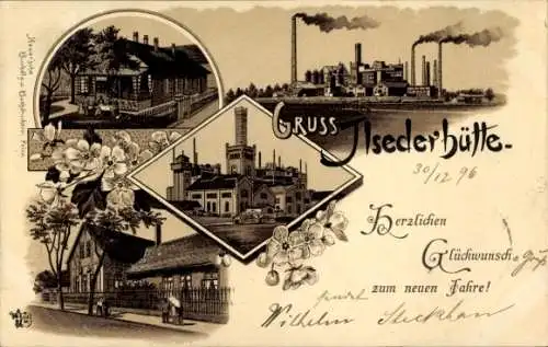 Litho Ilsede in Niedersachsen, Ilsederhütte, Fabrikanlagen, Wohnhaus, Fröhliches Neujahr