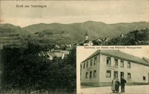 Ak Schelingen Oberrotweil Vogtsburg im Kaiserstuhl, Gesamtansicht, Kirche, Gasthaus zur Sonne