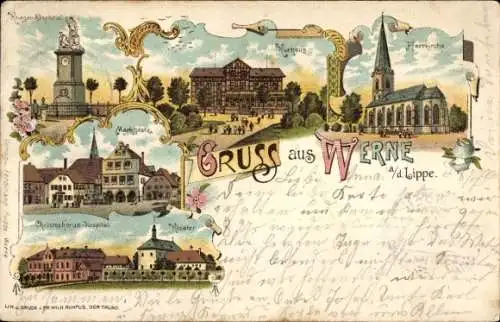 Litho Werne an der Lippe Westfalen, Kriegerdenkmal, Marktplatz, Kurhaus, Kloster, Pfarrkirche