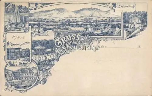 Litho Bad Neuenahr, Panorama, Trinkhalle, Kurhotel, Wandelbahn, Sprudel, Bahnhof
