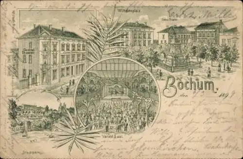 Litho Bochum im Ruhrgebiet, Wilhelmsplatz, Central Theater, Variete-Saal, Stadtpark