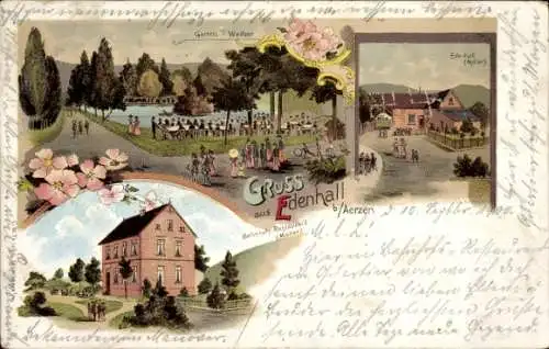 Litho Edenhall Aerzen im Weserbergland, Bahnhofsrestaurant Möller, Garten, Weiher
