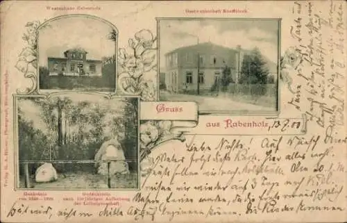 Ak Rabenholz in Schleswig Holstein, Gastwirtschaft Kneffeleck, Gedenksteine, Warenhaus