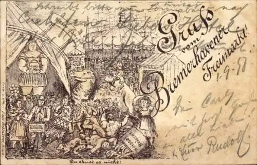 Litho Bremerhaven, Bremerhavener Freimarkt, Fahrgeschäfte, Riesendame