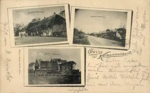 Ak Katharinenheerd Halbinsel Eiderstedt in Nordfriesland, Gastwirtschaft, Bahnhof, Kirche