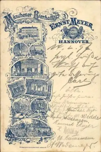 Litho Hannover in Niedersachsen, Münchener Bierhalle, Luisenstraße, Garten, Billardzimmer