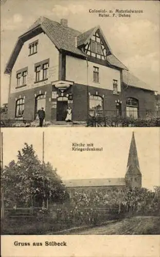 Ak Sülbeck Nienstedt Niedersachsen, Geschäft von Heinr. F. Dehne, Kirche mit Kriegerdenkmal