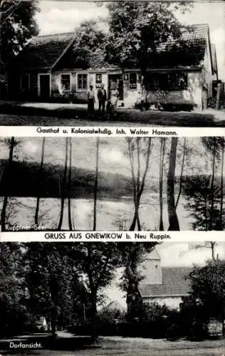 Ak Gnewikow Neuruppin Brandenburg, Gasthof und Geschäft Walter Hamann, Ruppiner See, Kirche